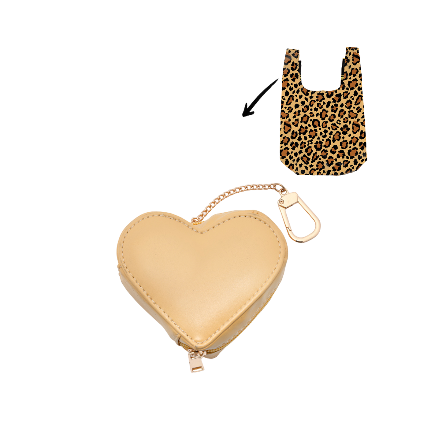 backside of Leopard print reusable shopping bag with matching heart-shaped storage pouch attached to the handle.