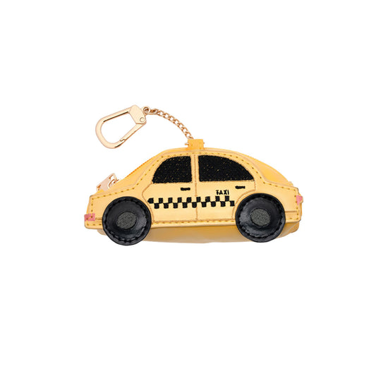 Reusable New York taxi print shopping bag with matching taxi-shaped storage pouch.
