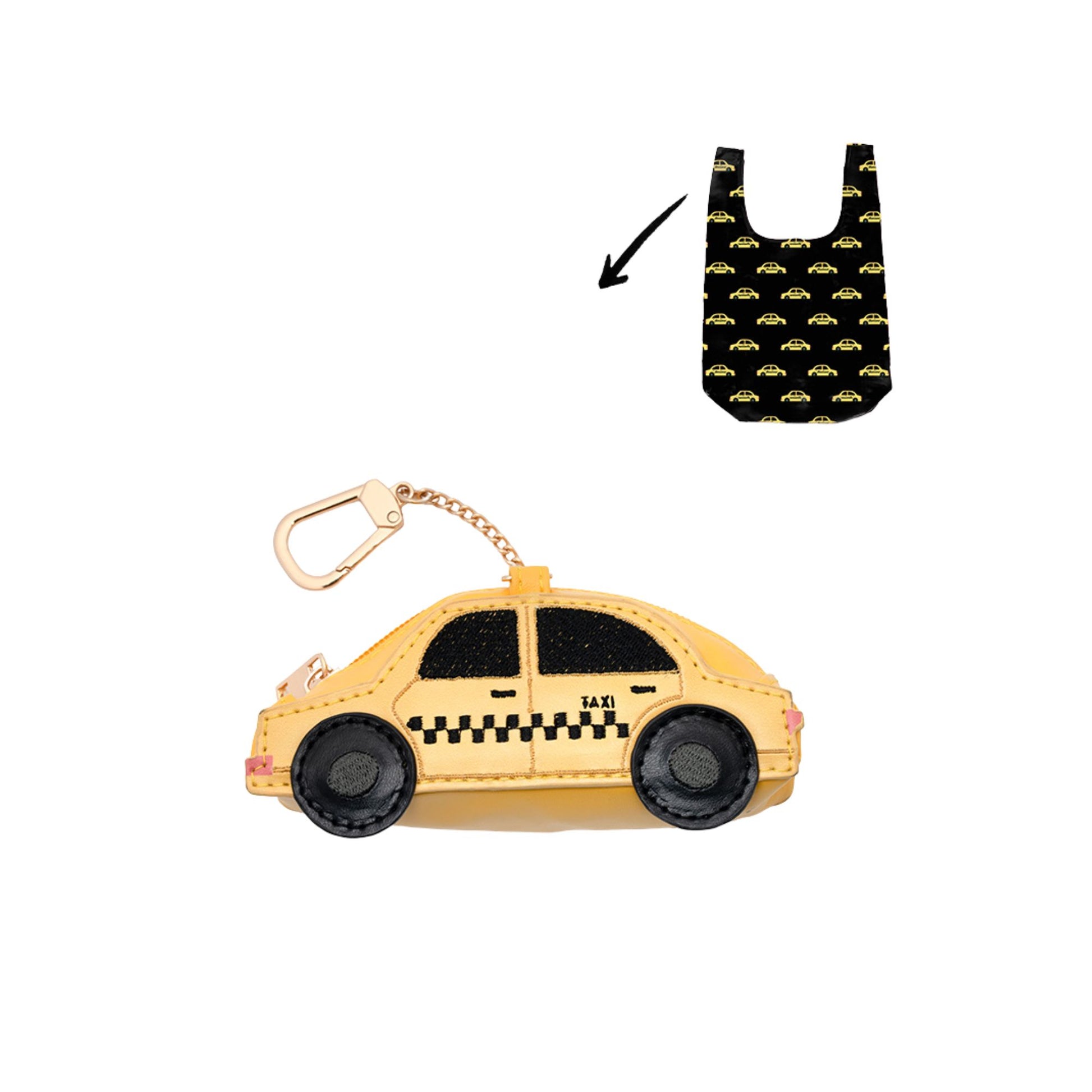 Reusable New York taxi print shopping bag with matching taxi-shaped storage pouch on a white background