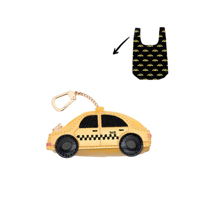 Reusable New York taxi print shopping bag with matching taxi-shaped storage pouch on a white background