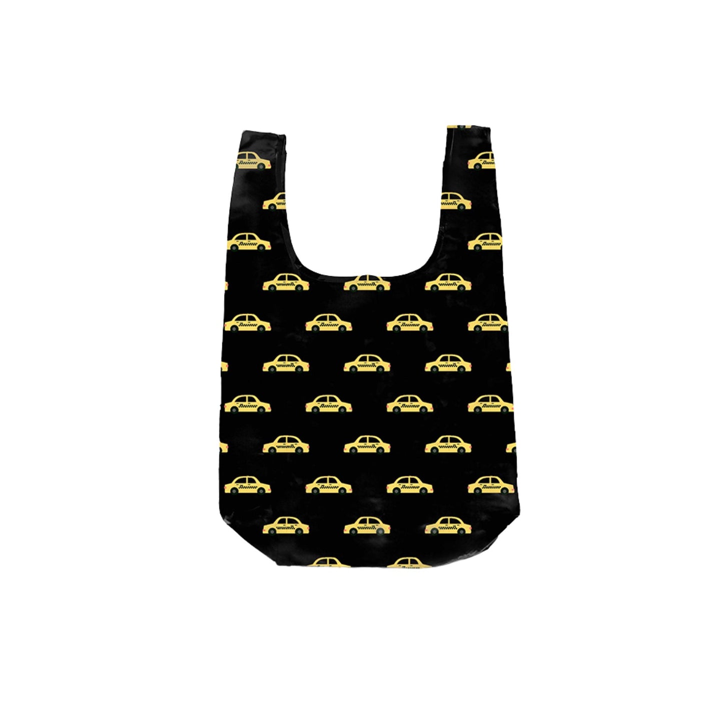 Reusable New York taxi print shopping bag with matching taxi-shaped storage pouch.