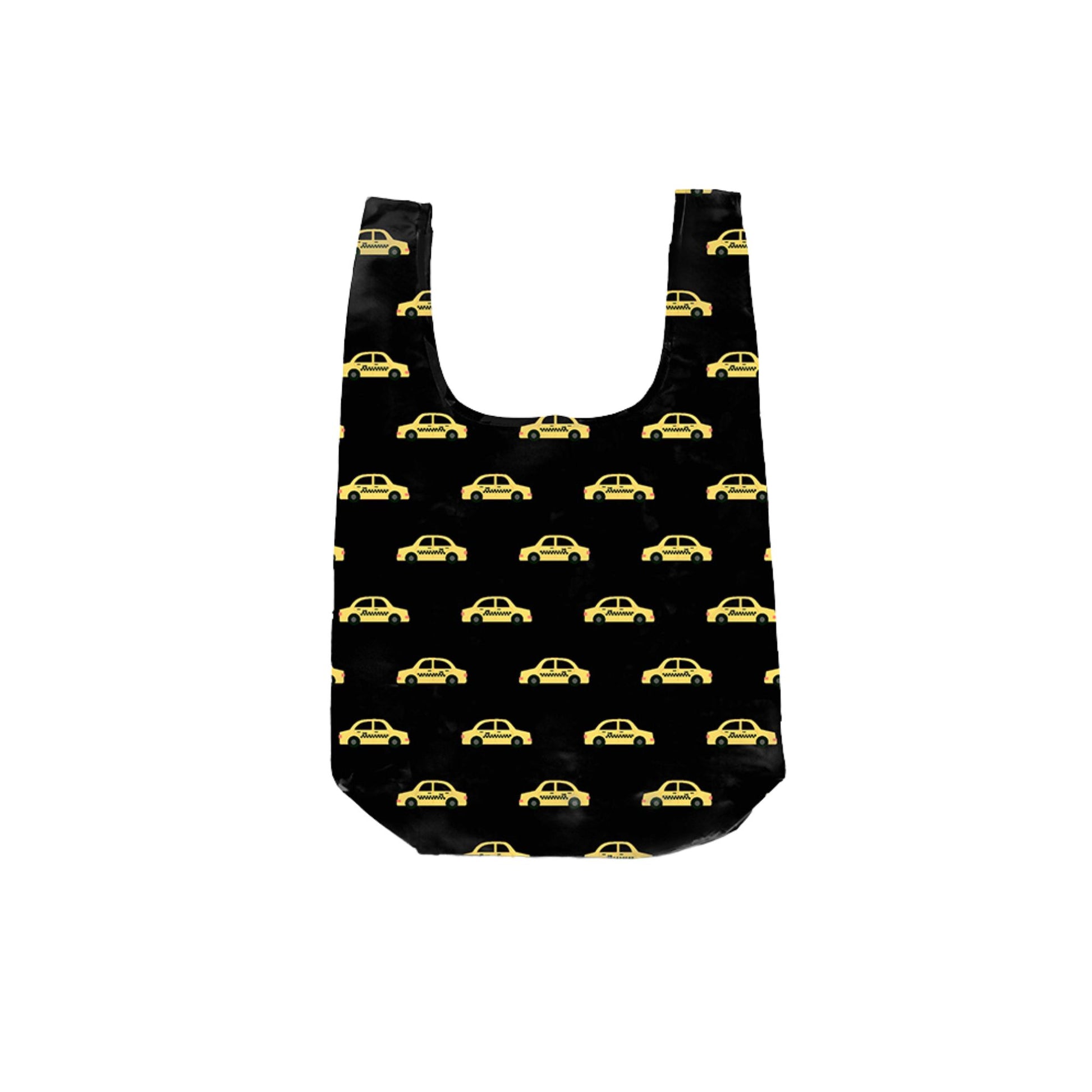 Reusable New York taxi print shopping bag with matching taxi-shaped storage pouch.