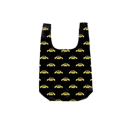 Reusable New York taxi print shopping bag with matching taxi-shaped storage pouch.