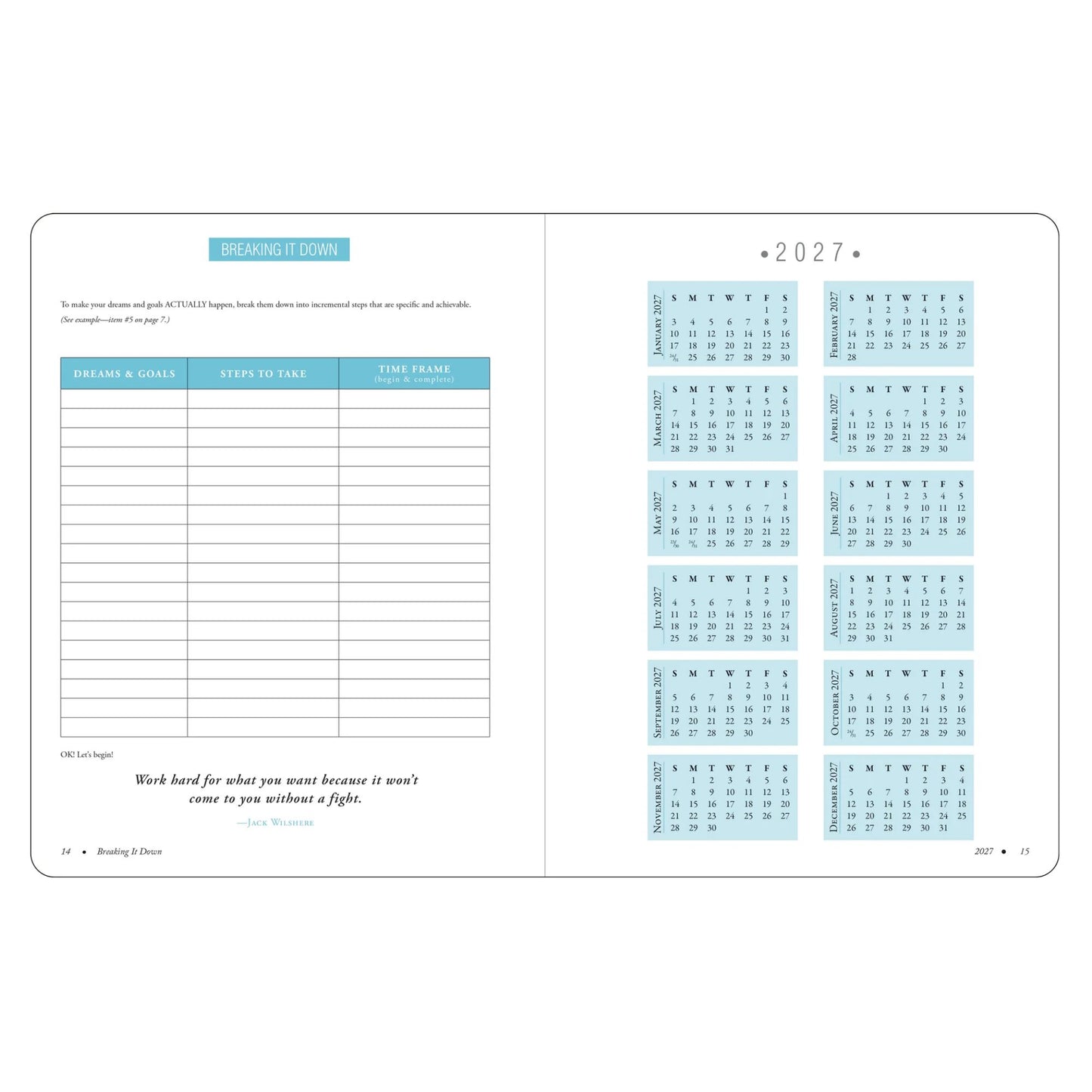 2027 planner with calendar grid and notes section on a white background
