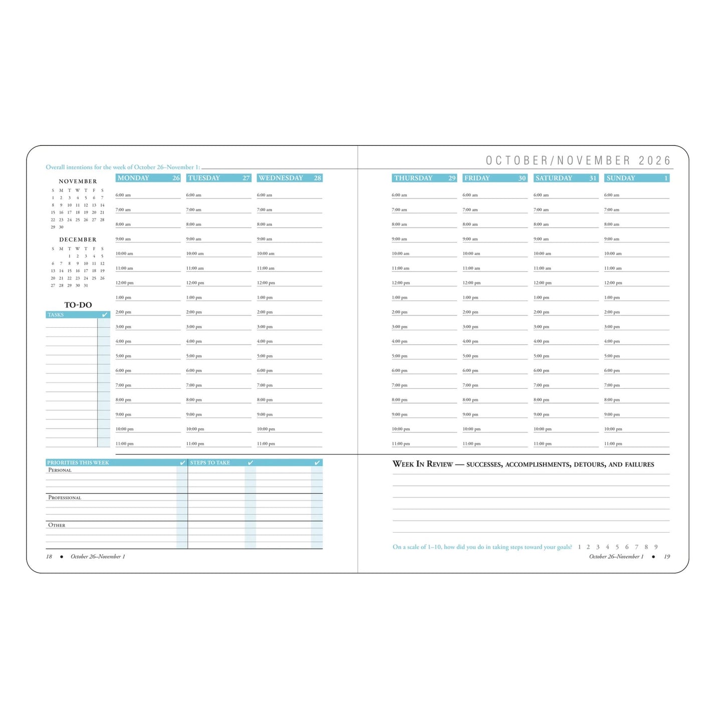 Calendar planner with monthly layout, to-do list, and review section on a white background