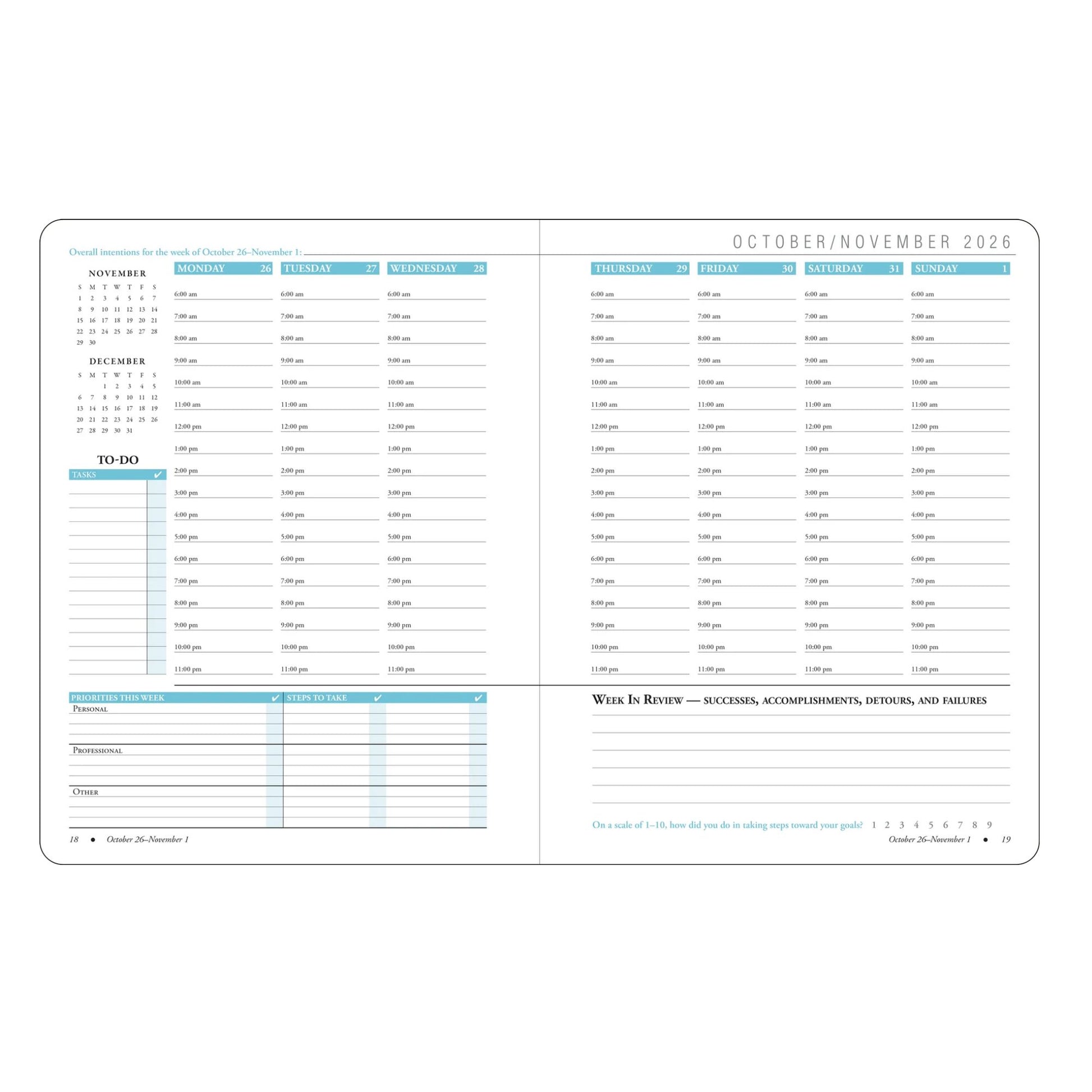 Calendar planner with monthly layout, to-do list, and review section on a white background