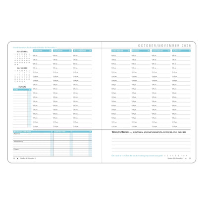 Calendar planner with monthly layout, to-do list, and review section on a white background