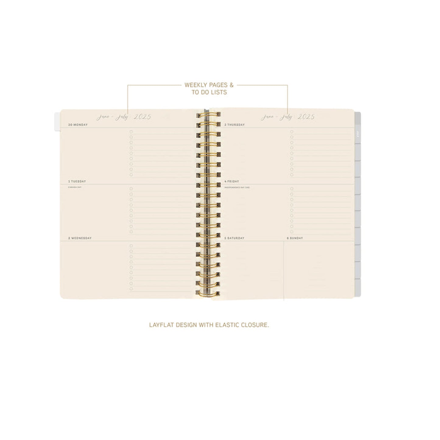 Spiral-bound planner with weekly pages and to-do lists on a white background