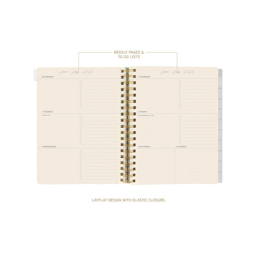 Spiral-bound planner with weekly pages and to-do lists on a white background