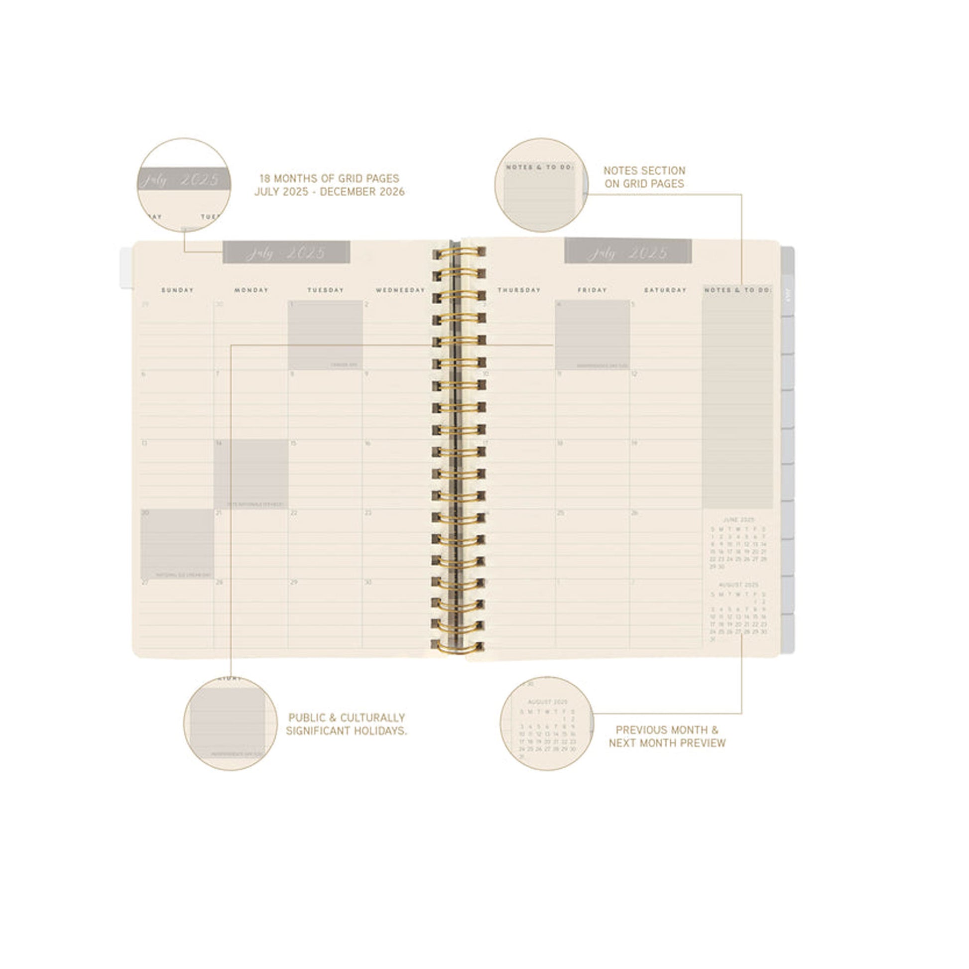 Spiral-bound planner with monthly and weekly layout on a white background