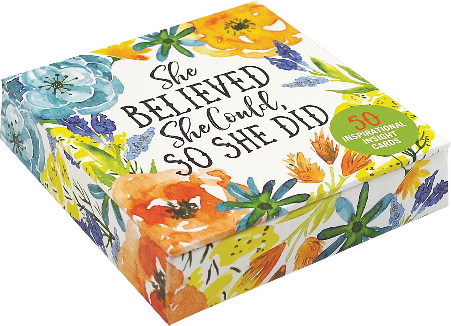A boxed card set titled "She Believed She Could, So She Did" with a white background and colorful floral artwork in blue, yellow, orange, green, and purple. A green circular badge on the box reads "50 Inspirational Night Cards.