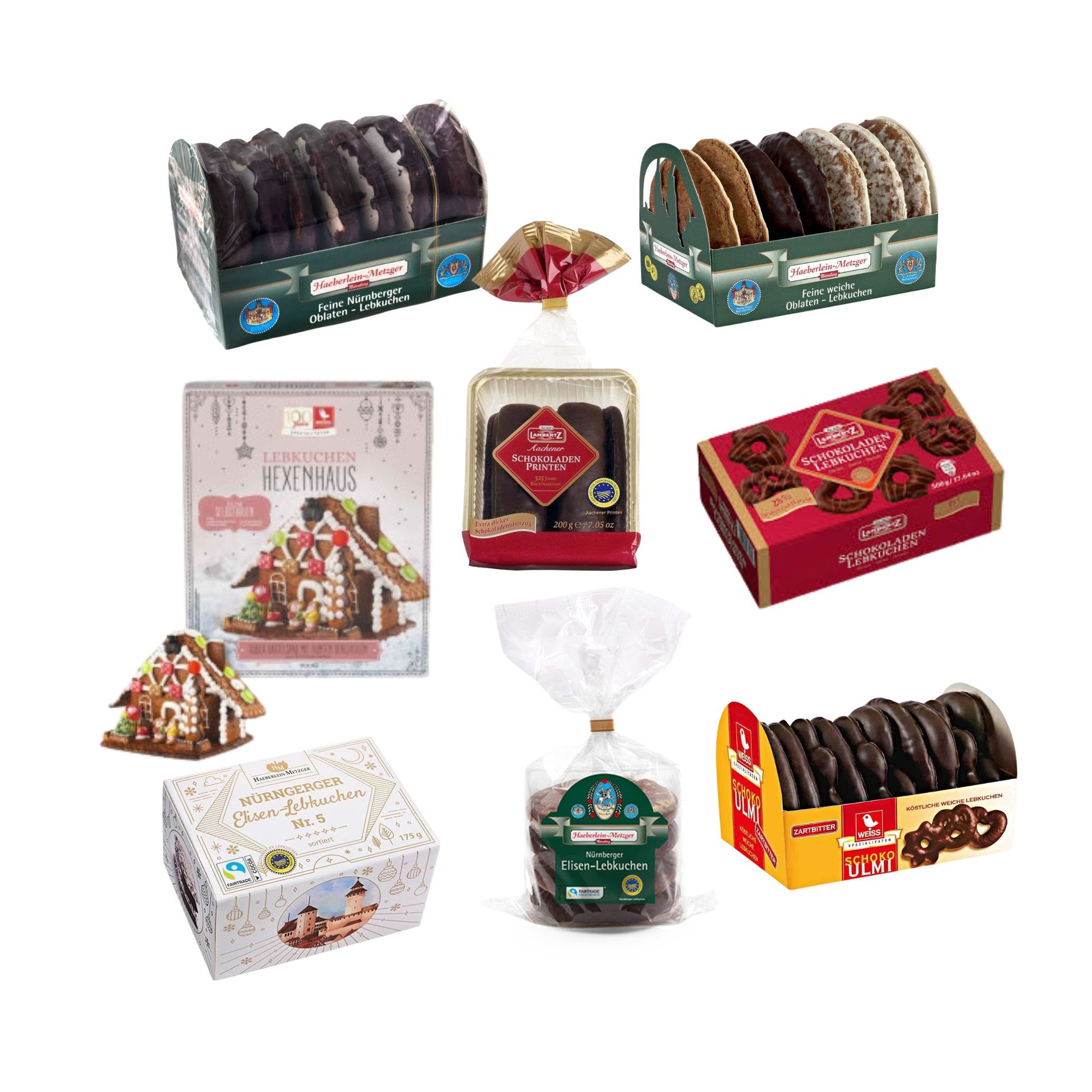 Assorted Christmas  cookies, gingerbread houses, and other packaged goods on a white background