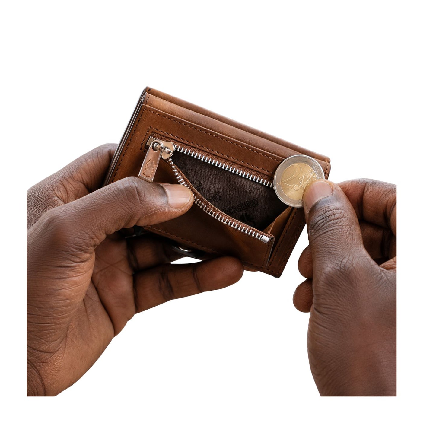 Person inserting a coin into a brown wallet on a white background