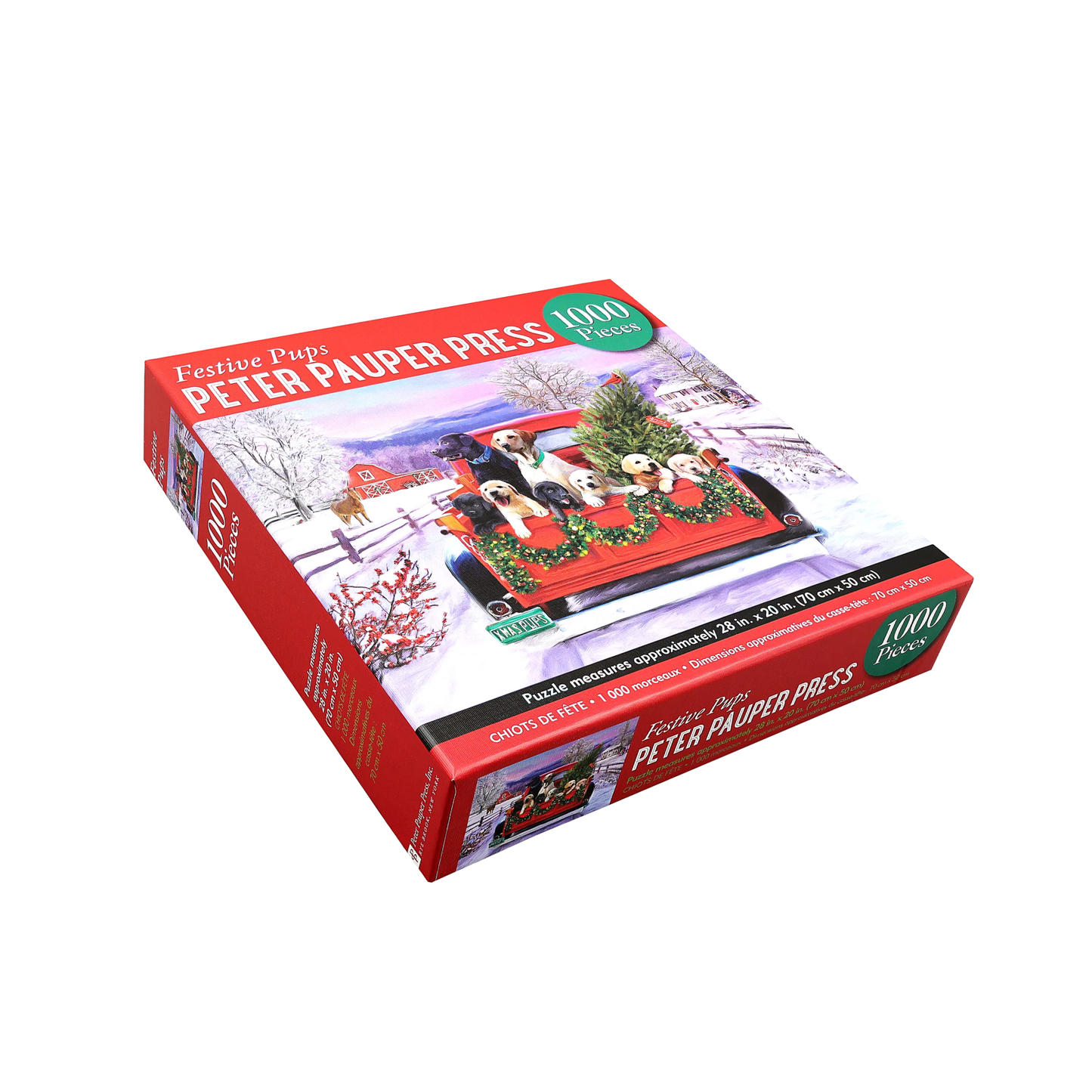 Jigsaw puzzle box featuring a festive scene with dogs and a Christmas tree, branded 'Peter Pauper Press'.