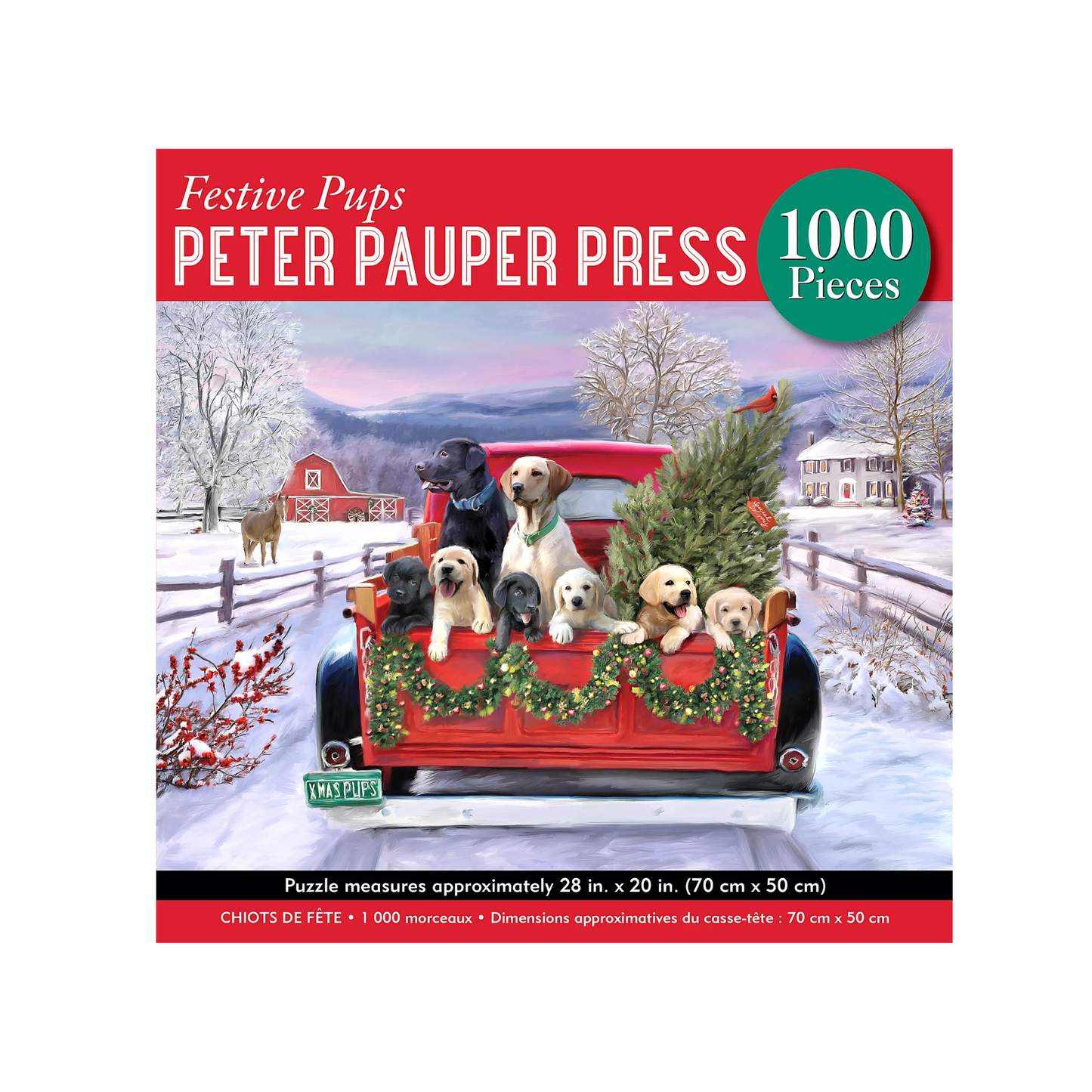 Peter Pauper Press puzzle packaging with a red truck and puppies in a snowy scene