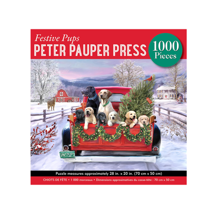 Peter Pauper Press puzzle packaging with a red truck and puppies in a snowy scene