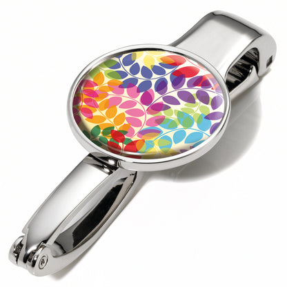 Bag holder with colorful leaf pattern on a white background
