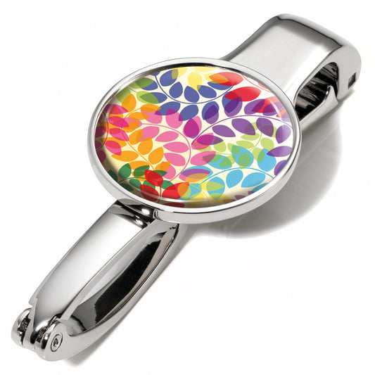 Bag holder with colorful leaf pattern on a white background