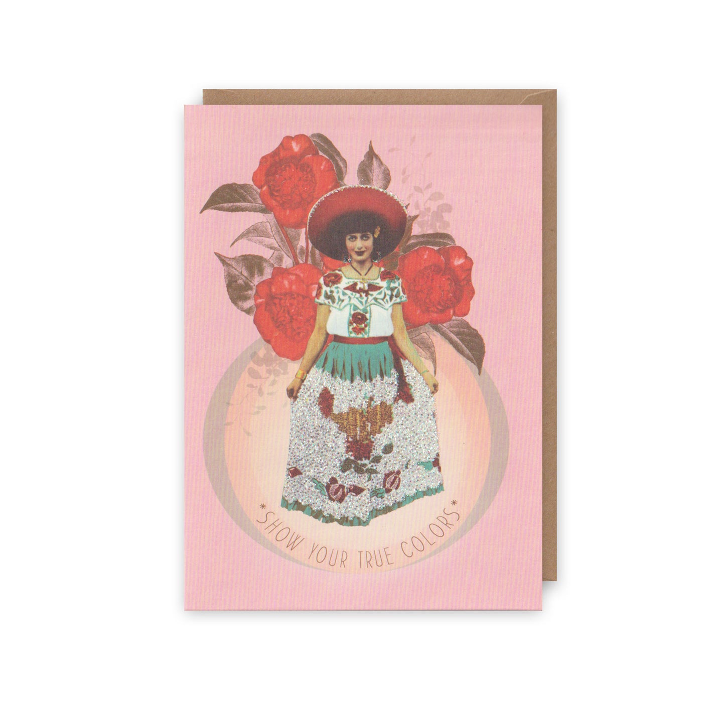 Greeting card with a colorful illustration of a woman in a dress and hat, surrounded by flowers on a pink background