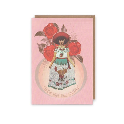 Greeting card with a colorful illustration of a woman in a dress and hat, surrounded by flowers on a pink background