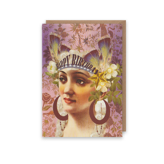 Vintage-style birthday card with a woman's face and floral headpiece on a decorative background