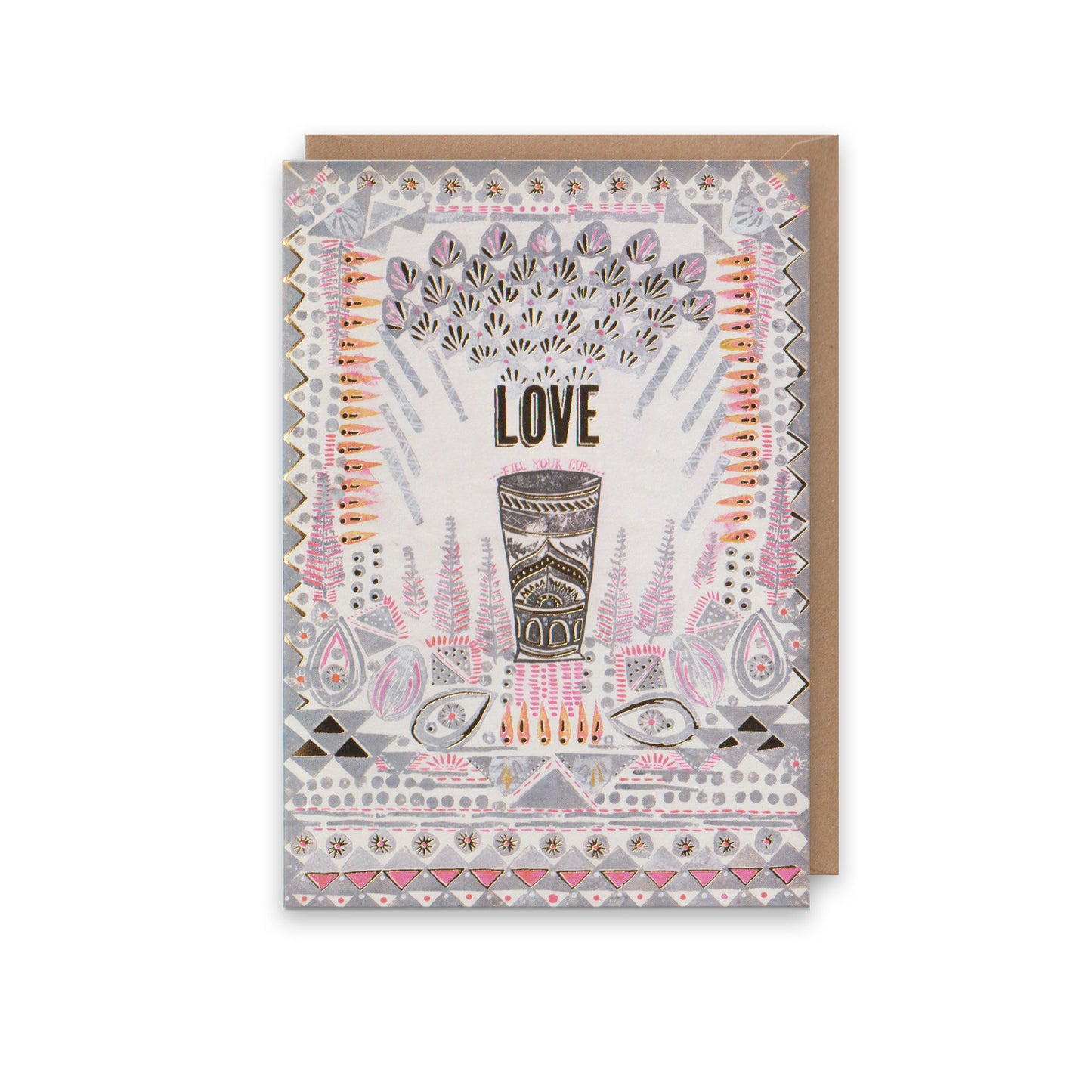 Greeting card with decorative patterns and the word 'LOVE' on a white background