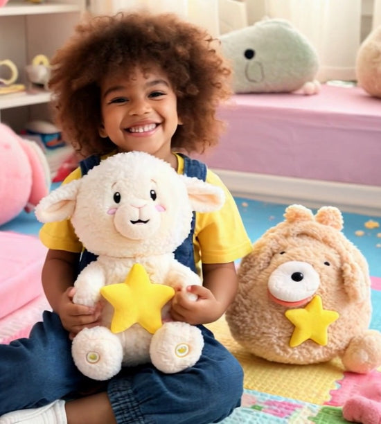 Child holding a plush toy with a star on a colorful floor