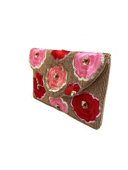 Pochette à perles florales dorées et roses