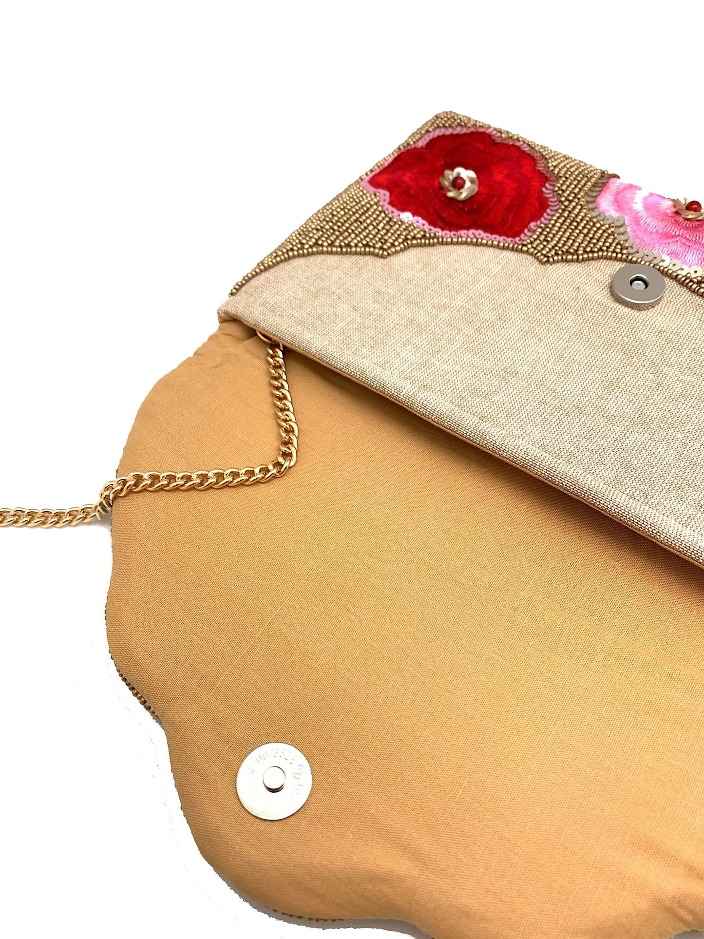 Pochette à perles florales dorées et roses