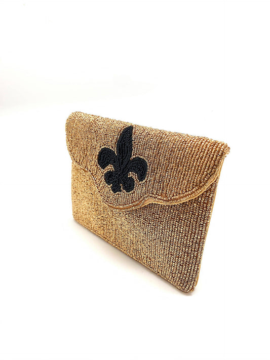 Mini pochette perlée Fleur de Lis dorée