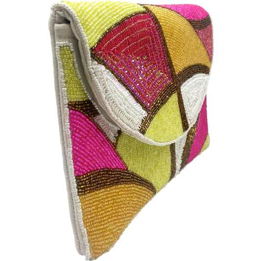 Colorful beaded clutch bag with geometric pattern on a white background