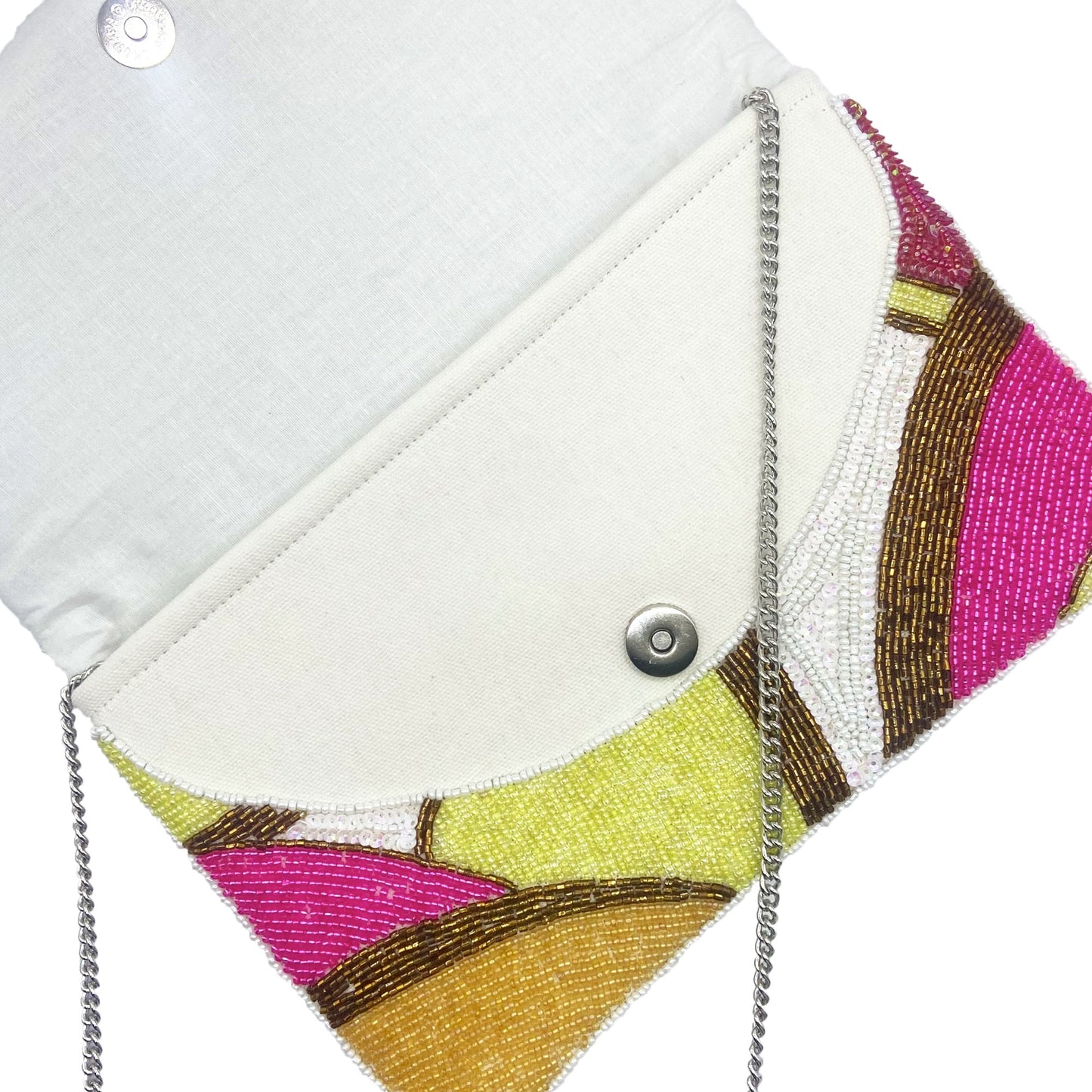 Colorful beaded clutch with a chain strap on a white background