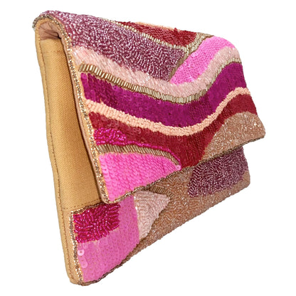 8 Shades of Pink Abstract Beaded Clutch Bag with pink and brown patterns on a white background
