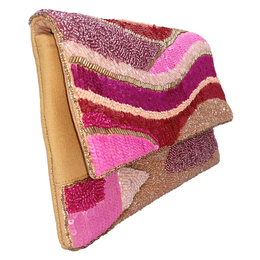 8 Shades of Pink Abstract Beaded Clutch Bag with pink and brown patterns on a white background