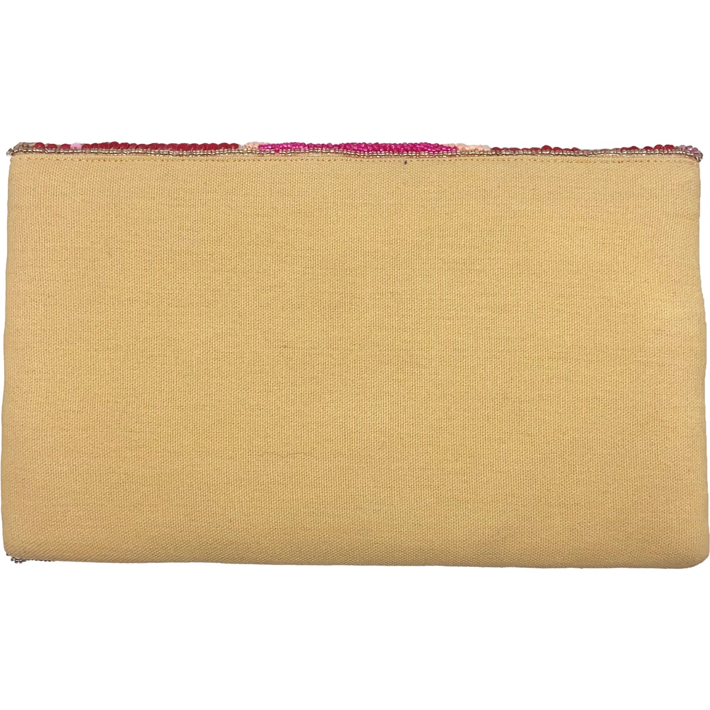 Pink clutch bag back with a colorful zipper on a white background