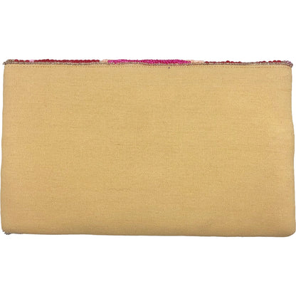 Pink clutch bag back with a colorful zipper on a white background