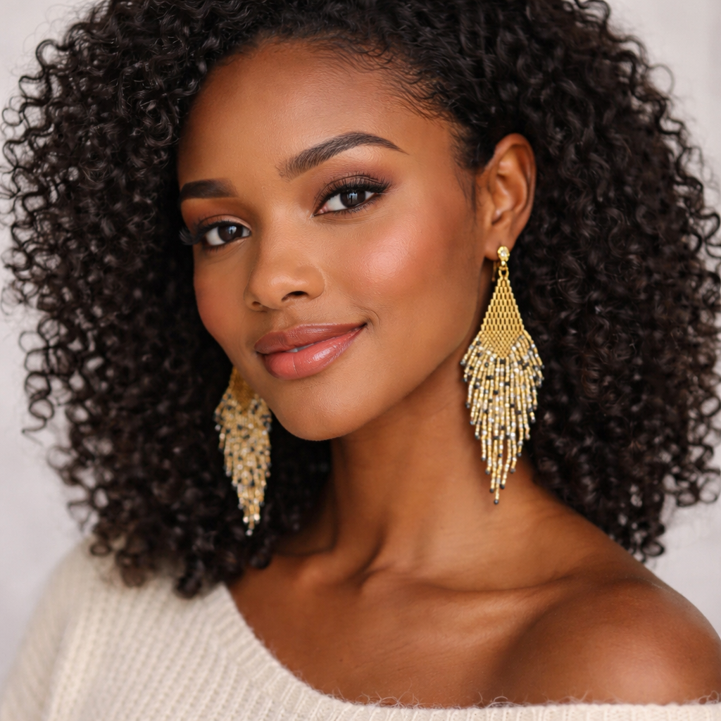 Woman wearing gold beaded earrings with a neutral background