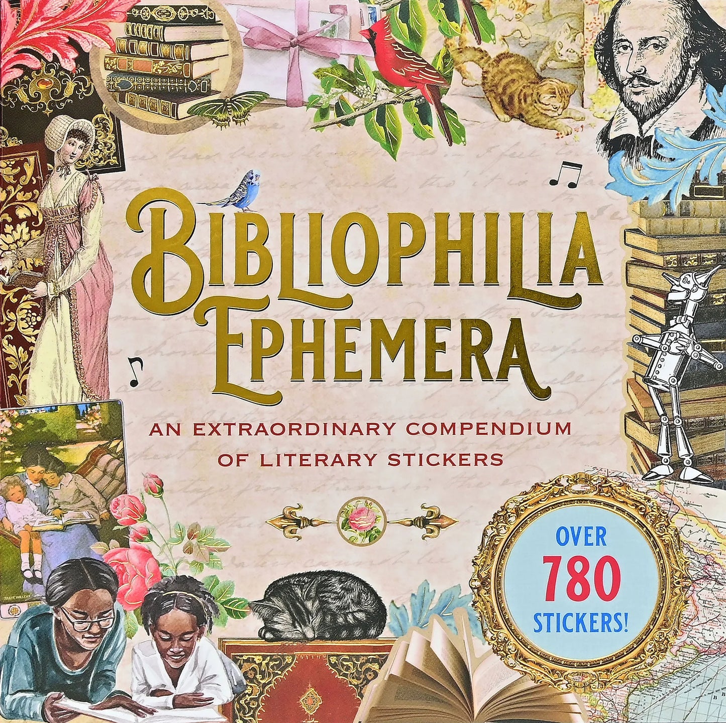 Cover of 'Bibliophilia Ephemera' with illustrations and text about literary stickers