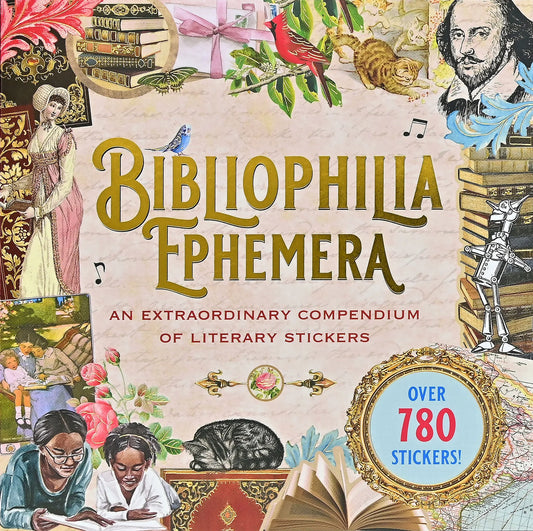 Cover of 'Bibliophilia Ephemera' with illustrations and text about literary stickers