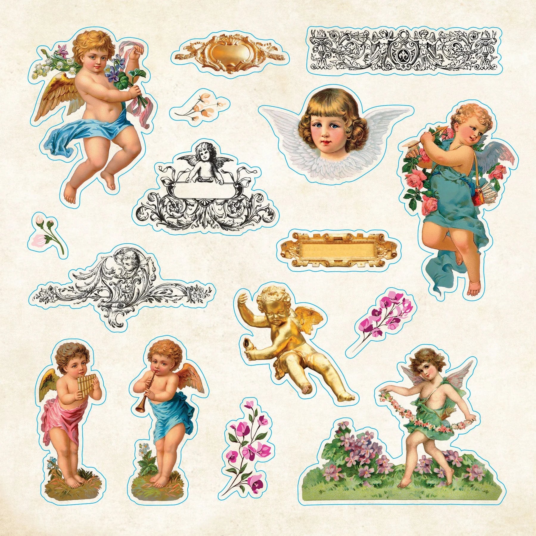 Vintage-style angel stickers with decorative elements on a beige background