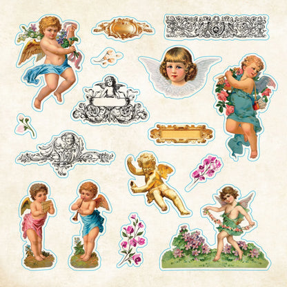 Vintage-style angel stickers with decorative elements on a beige background
