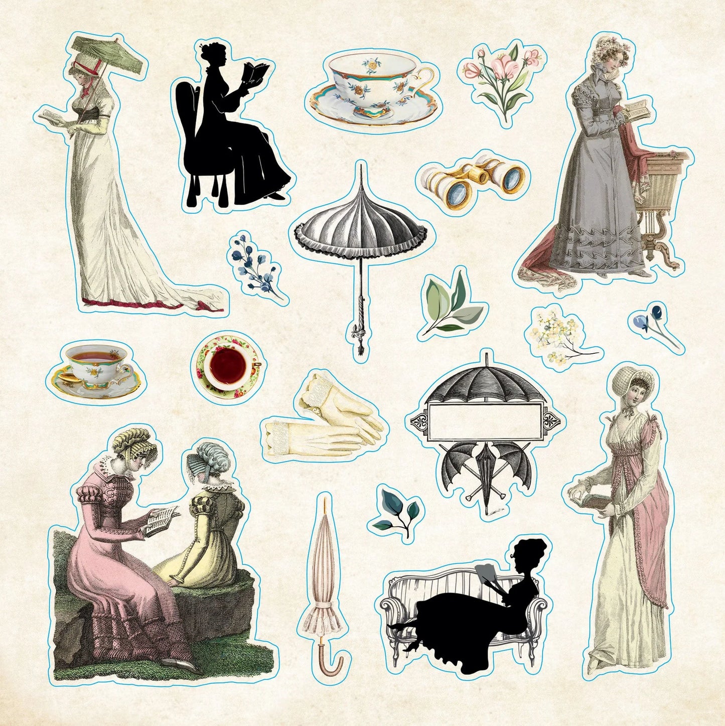 Stickers Vintage-style illustrations of women in dresses, tea cups, and other objects on a beige background