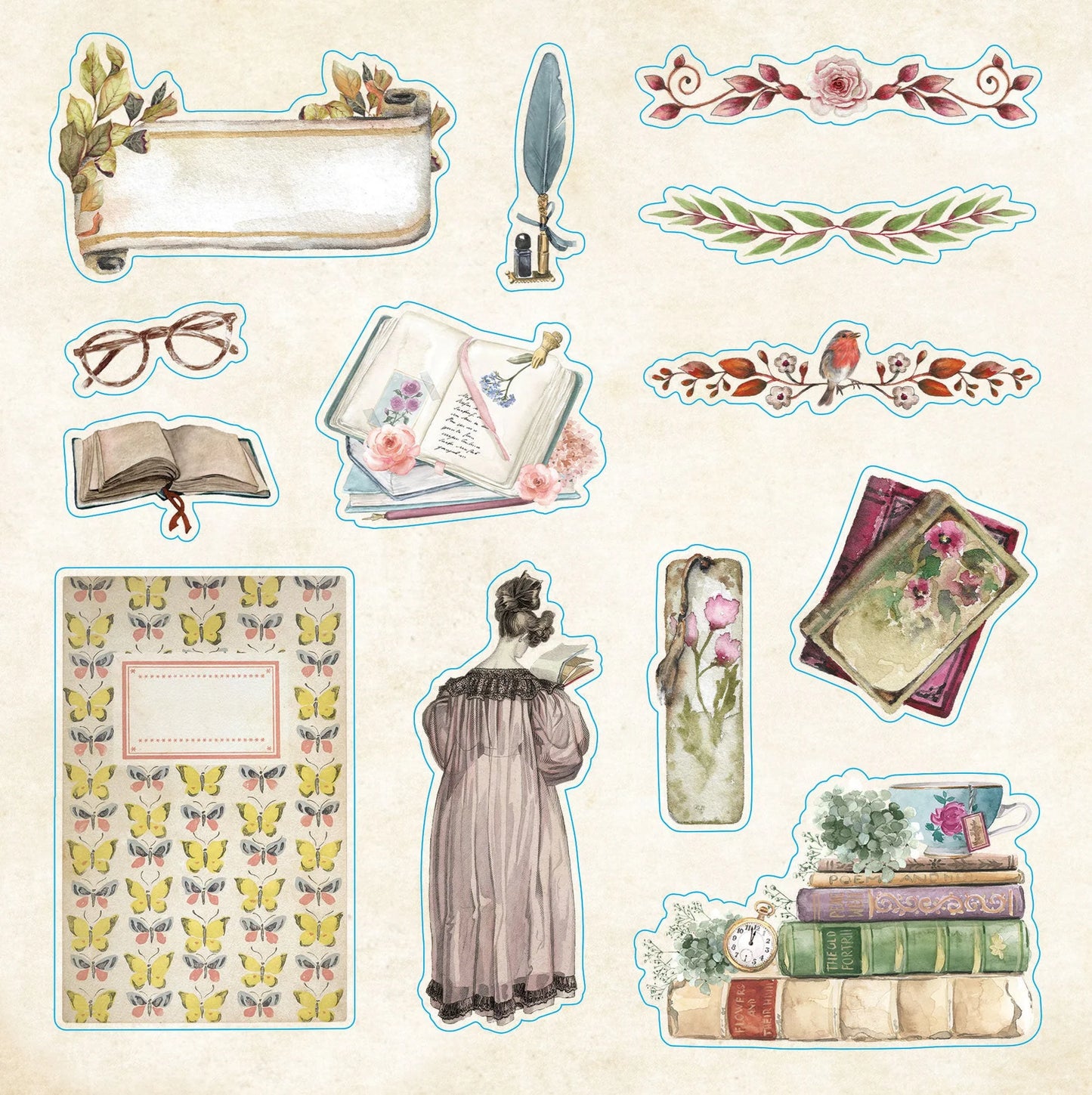 Collection of vintage-style stickers featuring books, a woman, butterflies, and decorative elements on a beige background
