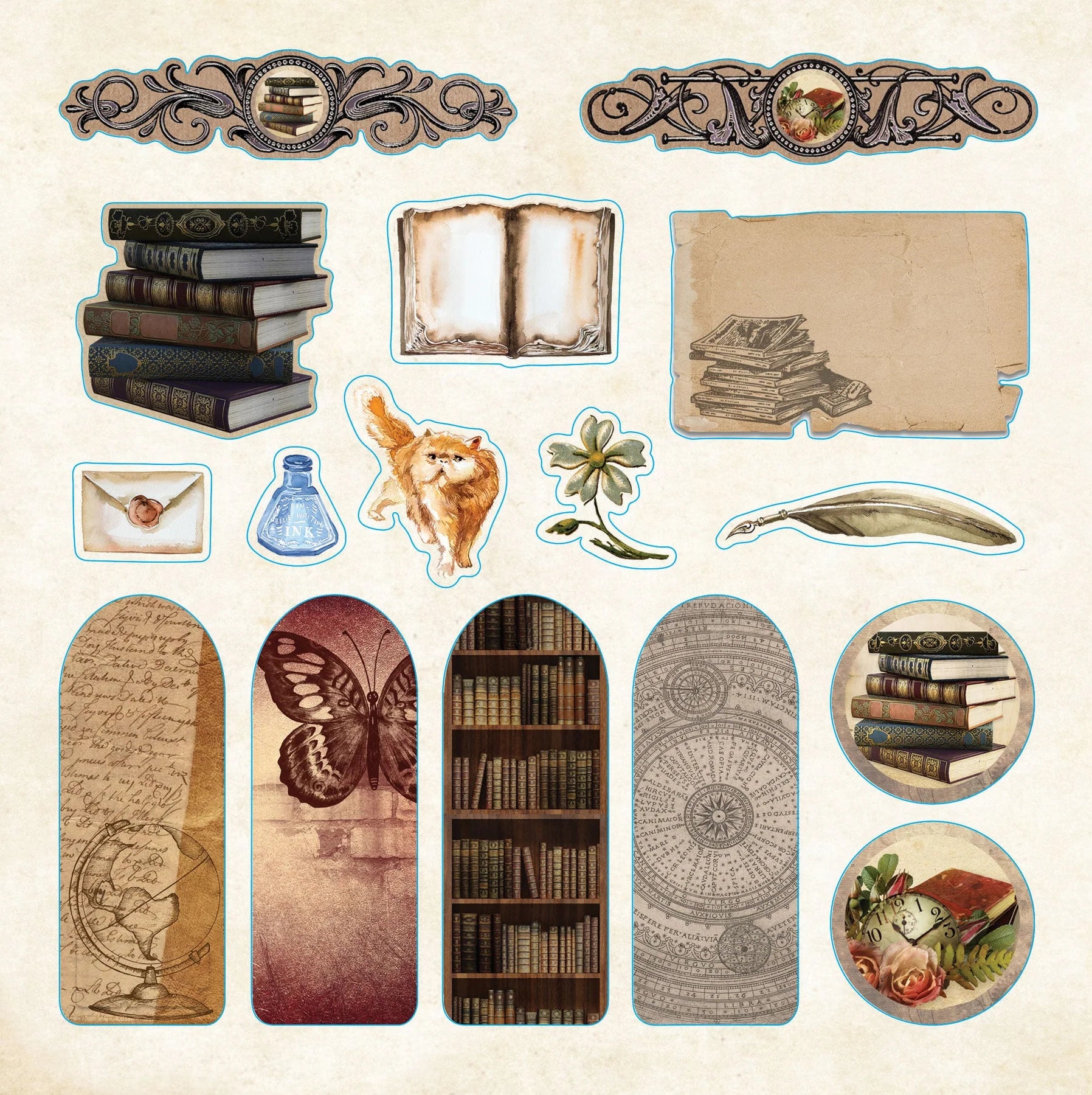 Set of vintage-style book-themed stickers on a beige background