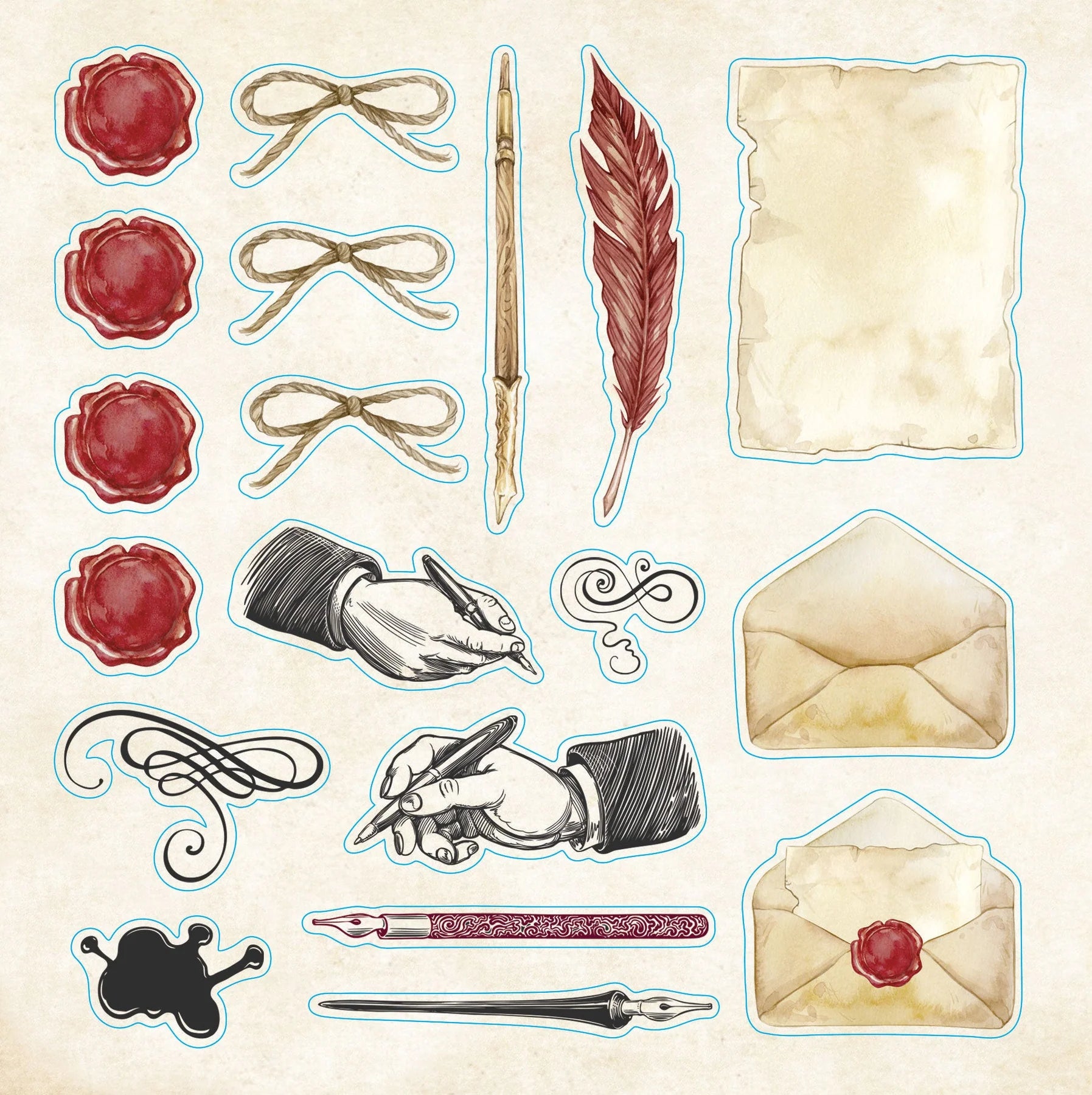 Set of vintage-style stickers with quill, wax seals, and paper on a textured background