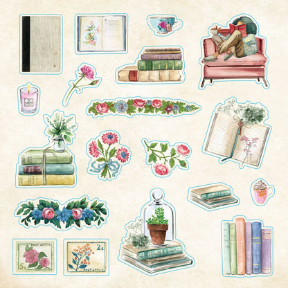 Set of decorative stickers featuring books, flowers, and a cozy sofa on a beige background
