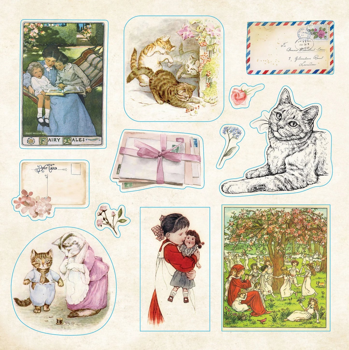Sticker Collection of vintage-style illustrations featuring cats, children, and nature on a beige background