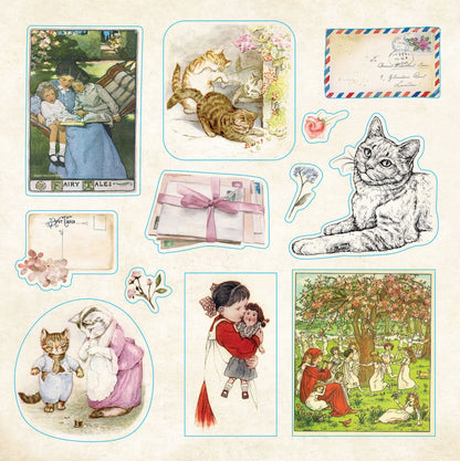 Sticker Collection of vintage-style illustrations featuring cats, children, and nature on a beige background