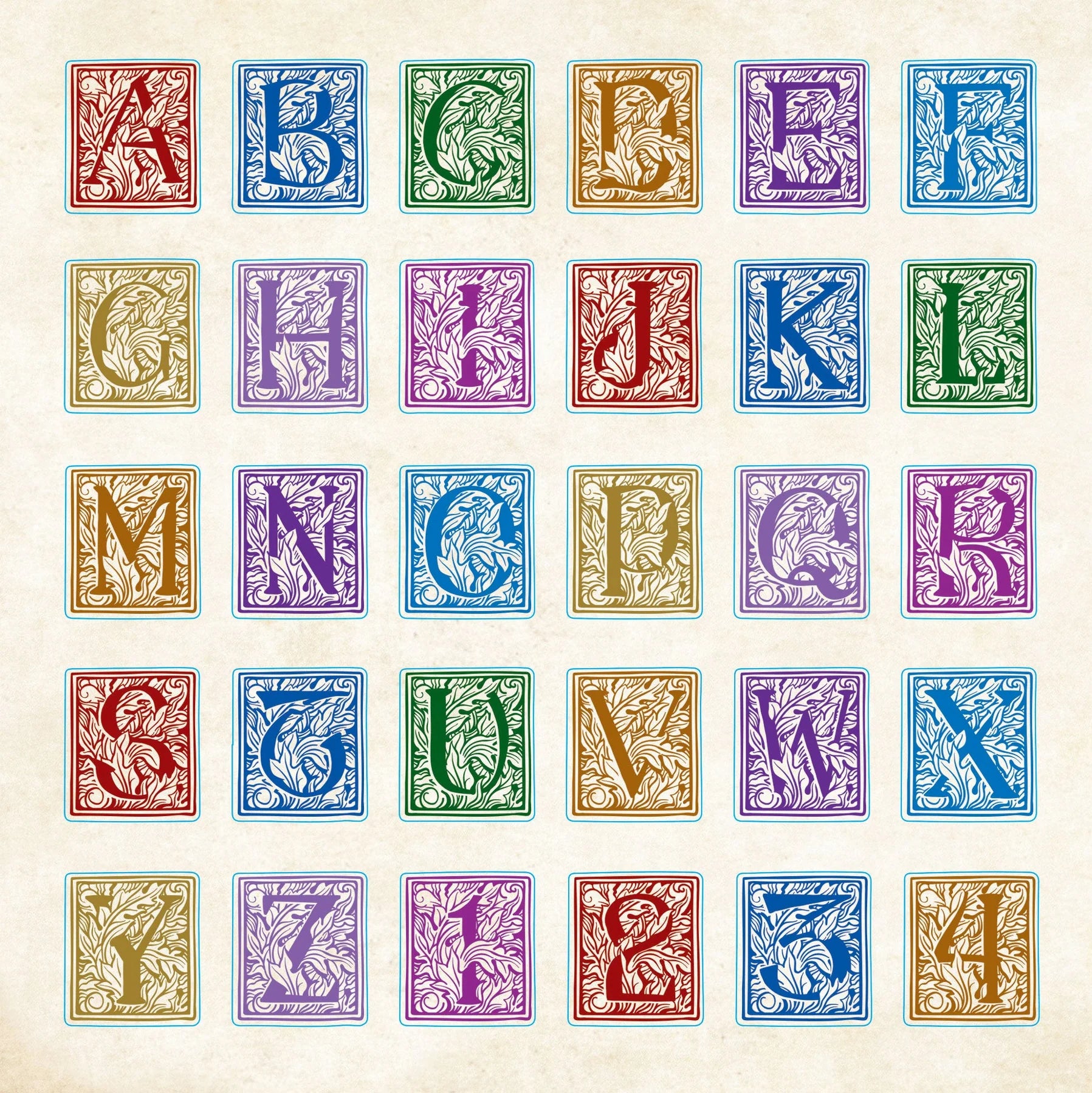 Sticker Alphabet letters from A to Z in various colors on a beige background