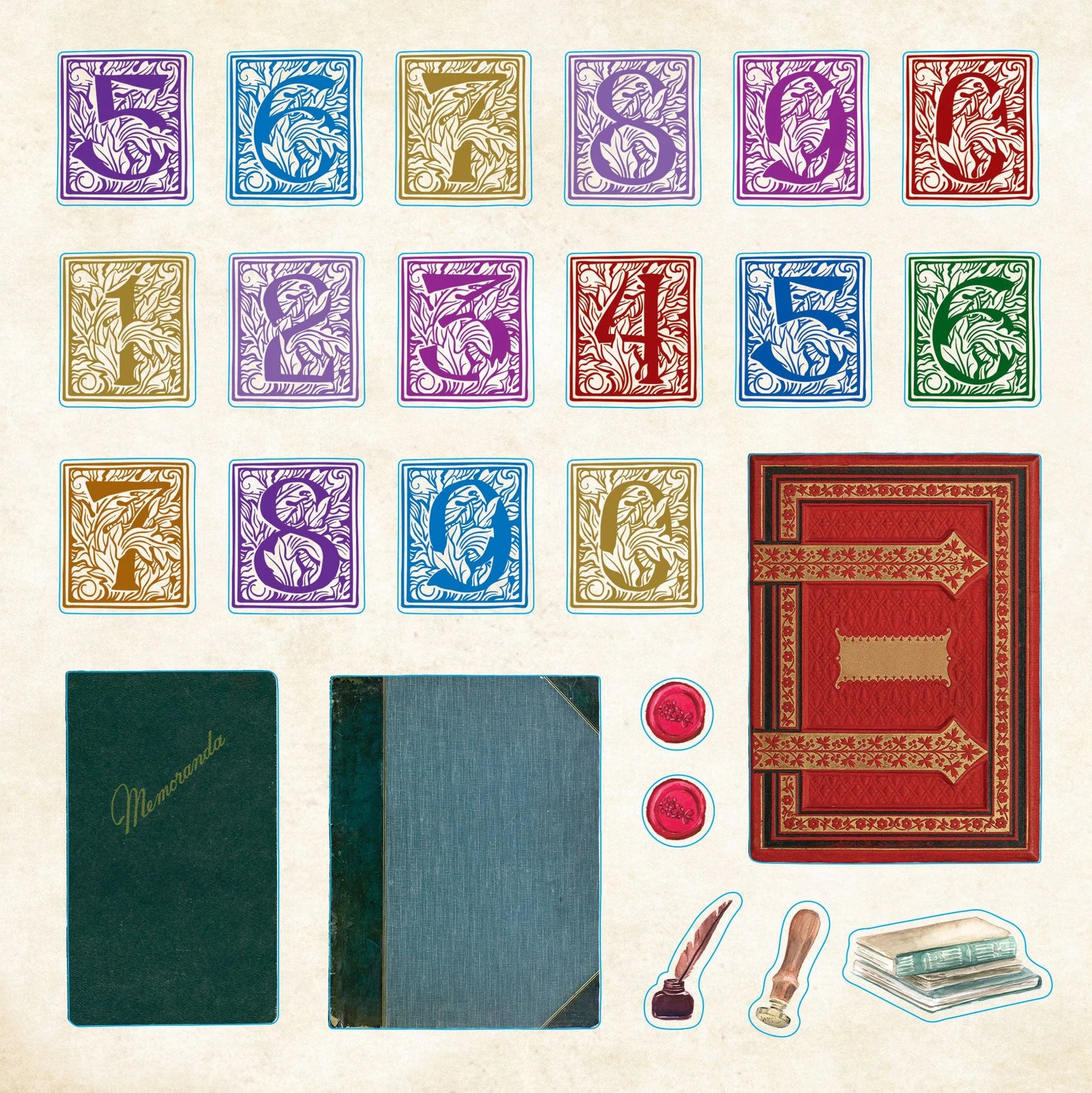 Decorative sticker book covers with artistic designs and a red book on a beige background
